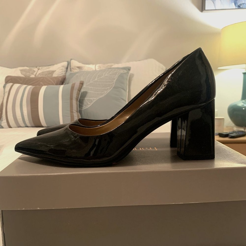 14th & Union Audrey Black Faux Patent Pointed Toe Block Heel Pump